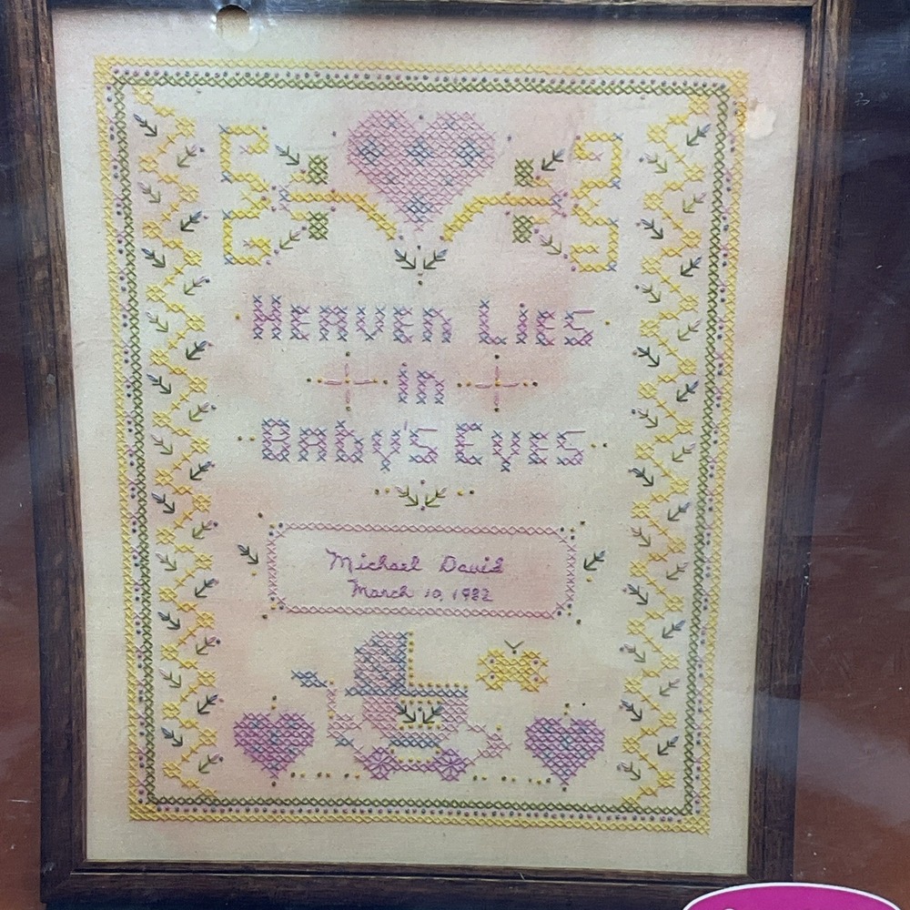 Current Hearts N Flowers Cross Stitch Kit 7154-9‎ Baby Birth 11" x 14" 1983 VTG